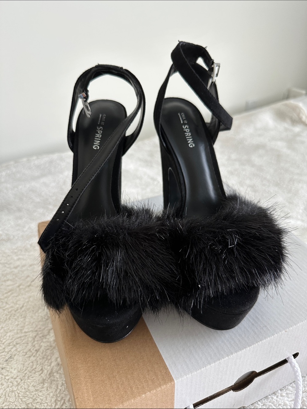 Call It Spring Black Faux Fur Platform Heels with Ankle Strap